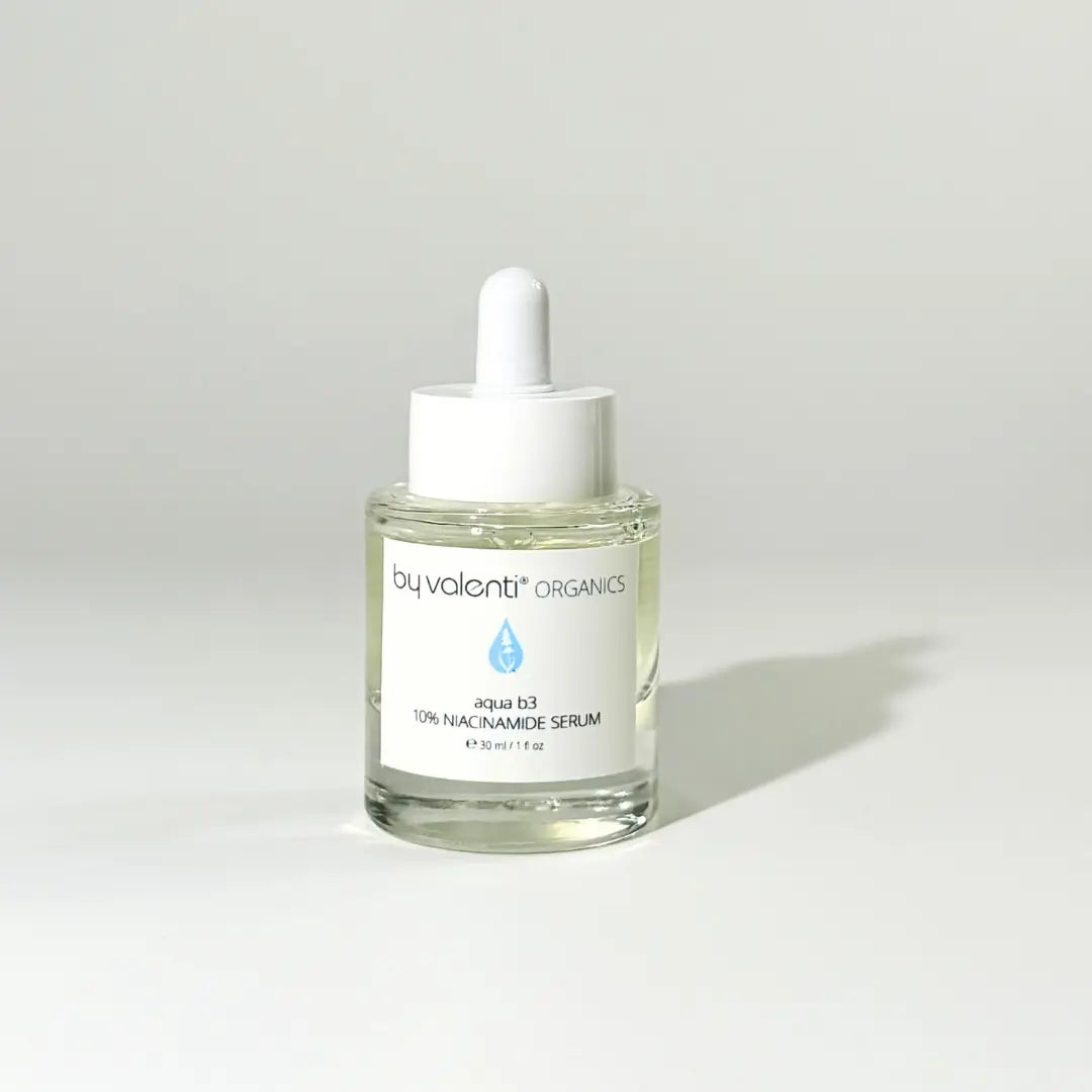 BY VALENTI Skincare niacinamide serum bottle with dropper on a white background