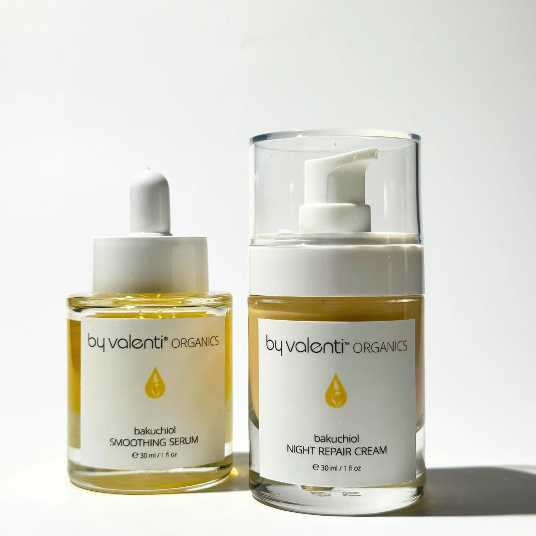 Two skincare bakuchiol products from by valenti organics on a white background