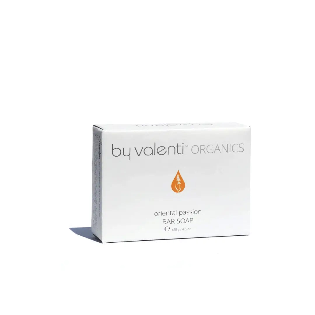 Box of By Valenti Organics Oriental Passion Bar Soap on a white background