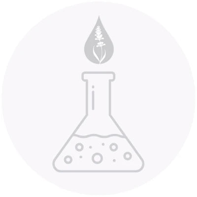 White icon of a beaker with a droplet and plant on a white background
